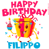 A funny animated birthday GIF with the words 'Happy Birthday Filippoa', colorful gift box with arms and legs, holding a cupcake with a lit candle  with confetti everywhere.