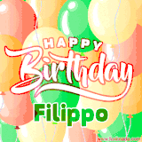 Animated GIF featuring colorful balloons in the background with the cheerful text 'Happy Birthday Filippo'.