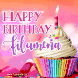 A vibrant birthday GIF featuring a rainbow-colored cupcake topped with white frosting, sprinkles, and a lit candle. The text reads 'Happy Birthday Filumena' in bold pink and violet letters with white outline.