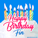 A cheerful animated GIF featuring colorful lit birthday candles on a white cake, with the text 'Happy Birthday Fin' in bold red and blue script on a bright blue background.