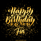 Animated GIF with colorful, festive 'Happy Birthday Fin' text decorated with patterns, a party hat, and falling confetti. A vibrant and cheerful design for birthday celebrations.