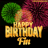 A captivating GIF with bursts of green, pink, and orange fireworks lighting up the night sky, accompanied by 'Happy Birthday Fin' in glowing golden text.