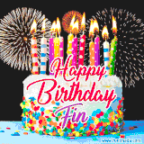 A lively happy birthday animated GIF showcasing a colorful birthday cake covered in sprinkles, topped with glowing candles, and surrounded by vibrant fireworks. The name 'Fin' is featured in elegant script.