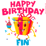A funny animated birthday GIF with the words 'Happy Birthday Fina', colorful gift box with arms and legs, holding a cupcake with a lit candle  with confetti everywhere.
