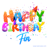 Animated GIF with colorful, festive 'Happy Birthday Fin' text decorated with patterns, a party hat, and falling confetti. A vibrant and cheerful design for birthday celebrations.