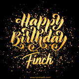 Animated GIF with colorful, festive 'Happy Birthday Finch' text decorated with patterns, a party hat, and falling confetti. A vibrant and cheerful design for birthday celebrations.