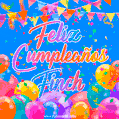 A vibrant animated GIF with 'Feliz Cumpleaños Finch' written in colorful script, surrounded by balloons, confetti, and bunting on a bright blue background.