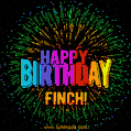 A colorful animated GIF featuring the text 'Happy Birthday Finch!' in rainbow colors with a dynamic iridescent firework display in the background.