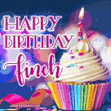 A festive animated GIF featuring a colorful cupcake with a single lit candle, sprinkles, and 'Happy Birthday Finch' text against a sparkling, celebratory background.