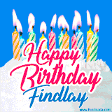 A cheerful animated GIF featuring colorful lit birthday candles on a white cake, with the text 'Happy Birthday Findlay' in bold red and blue script on a bright blue background.