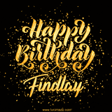 Animated GIF with colorful, festive 'Happy Birthday Findlay' text decorated with patterns, a party hat, and falling confetti. A vibrant and cheerful design for birthday celebrations.