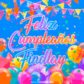 A vibrant animated GIF with 'Feliz Cumpleaños Findlay' written in colorful script, surrounded by balloons, confetti, and bunting on a bright blue background.