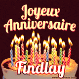 A Happy Birthday GIF in French featuring a festive birthday cake adorned with bright candles and the glowing text 'Joyeux Anniversaire Findlay' in a cheerful style.