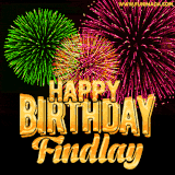 A captivating GIF with bursts of green, pink, and orange fireworks lighting up the night sky, accompanied by 'Happy Birthday Findlay' in glowing golden text.
