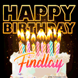 A vibrant animated GIF featuring a delicious birthday cake topped with glowing candles and the name 'Findlay' in elegant script, and the words 'Happy Birthday' on the black background.