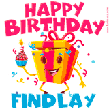 A funny animated birthday GIF with the words 'Happy Birthday Findlaya', colorful gift box with arms and legs, holding a cupcake with a lit candle  with confetti everywhere.