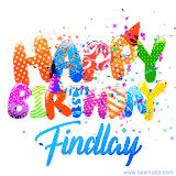 Animated GIF with colorful, festive 'Happy Birthday Findlay' text decorated with patterns, a party hat, and falling confetti. A vibrant and cheerful design for birthday celebrations.