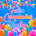 A vibrant animated GIF with 'Feliz Cumpleaños Findley' written in colorful script, surrounded by balloons, confetti, and bunting on a bright blue background.