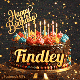 Shimmering animated card featuring a festive chocolate birthday cake with burning candles and the name Findley.