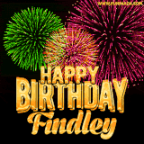 A captivating GIF with bursts of green, pink, and orange fireworks lighting up the night sky, accompanied by 'Happy Birthday Findley' in glowing golden text.