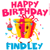 A funny animated birthday GIF with the words 'Happy Birthday Findleya', colorful gift box with arms and legs, holding a cupcake with a lit candle  with confetti everywhere.