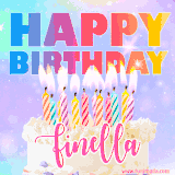 A vibrant animated name GIF with the words 'Happy Birthday Finella' with colorful candles on a creamy cake. The background sparkles with pastel shades, adding a festive touch.