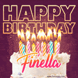 A colorful birthday cake topped with lit candles, with the words 'Happy Birthday Finella' in bold glowing letters on a burgundy background. Animated flames add a festive touch.