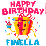 A vibrant and funny gift box character with a happy face dancing with a cupcake and the text 'Happy Birthday Finella,' surrounded by animated confetti and party vibes.