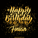 Animated GIF with colorful, festive 'Happy Birthday Finian' text decorated with patterns, a party hat, and falling confetti. A vibrant and cheerful design for birthday celebrations.