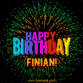 A colorful animated GIF featuring the text 'Happy Birthday Finian!' in rainbow colors with a dynamic iridescent firework display in the background.