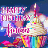 A festive animated GIF featuring a colorful cupcake with a single lit candle, sprinkles, and 'Happy Birthday Finian' text against a sparkling, celebratory background.