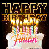 A vibrant animated GIF featuring a delicious birthday cake topped with glowing candles and the name 'Finian' in elegant script, and the words 'Happy Birthday' on the black background.