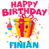 A funny animated birthday GIF with the words 'Happy Birthday Finiana', colorful gift box with arms and legs, holding a cupcake with a lit candle  with confetti everywhere.