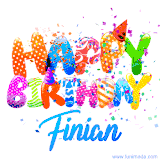 Animated GIF with colorful, festive 'Happy Birthday Finian' text decorated with patterns, a party hat, and falling confetti. A vibrant and cheerful design for birthday celebrations.