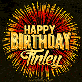 Golden 'Happy Birthday Finley' text accompanied by animated rainbow fireworks for a festive animated greeting.