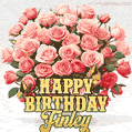 Birthday wishes to Finley with a charming GIF featuring pink roses, butterflies and golden quote