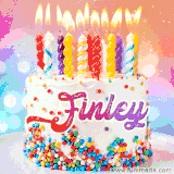 A cheerful cat wearing sunglasses, enjoying drinks on a sunny beach chair, with the text 'Happy Birthday Finley!' in bright letters.