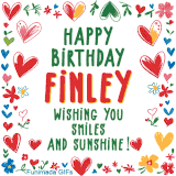 A colorful animated card for Finley’s birthday featuring playful hearts, cheerful flowers, and a handwritten message wishing smiles and sunshine.