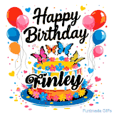 An animated birthday card for Finley. It features a festive cake with her name, 'Finley', and colorful butterflies. Floating balloons and hearts complete the joyful scene.