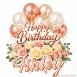 Beautifully animated Happy Birthday Finley e-card with rose gold decorations