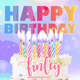 A vibrant animated name GIF with the words 'Happy Birthday Finley' with colorful candles on a creamy cake. The background sparkles with pastel shades, adding a festive touch.