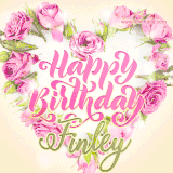 A stunning heart made of pink roses surrounds the elegant script text 'Happy Birthday Finley' on a soft beige background. Animated sparkles add a magical and festive feel.