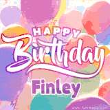 A vibrant name GIF featuring colorful balloons in shades of pink, orange, and yellow with the bold text 'Happy Birthday Finley' in festive fonts, creating a lively birthday vibe.