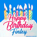 A cheerful animated GIF featuring colorful lit birthday candles on a white cake, with the text 'Happy Birthday Finley' in bold red and blue script on a bright blue background.