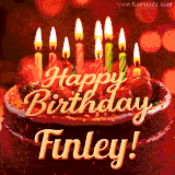 Animated GIF with colorful, festive 'Happy Birthday Finley' text decorated with patterns, a party hat, and falling confetti. A vibrant and cheerful design for birthday celebrations.