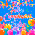 A vibrant animated GIF with 'Feliz Cumpleaños Finley' written in colorful script, surrounded by balloons, confetti, and bunting on a bright blue background.
