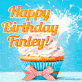 A cheerful animated GIF of a cupcake with creamy frosting, a red checkered ribbon, and a bright sparkler on top. The text 'Happy Birthday Finley!' is displayed in vibrant orange and red.