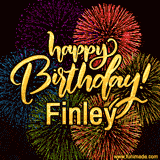 A vibrant display of multicolor fireworks with the text 'Happy Birthday Finley' written in gold, glowing beautifully in front of the explosive background.
