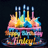 A vibrant animated GIF featuring a colorful rotating birthday cake with bright frosting swirls, glowing candles, and the text 'Happy Birthday Finley!' in rainbow colors.