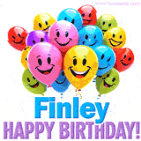 An animated birthday-themed name GIF with colorful smiling balloons and bold 'Finley, Happy Birthday!' text for a celebratory touch.